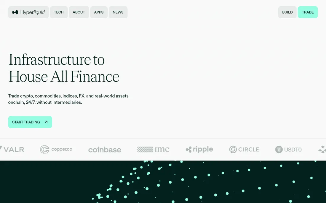Trang chủ Hyperliquid.xyz với khẩu hiệu Infrastructure to House All Finance và logo đối tác Coinbase, Circle, Ripple