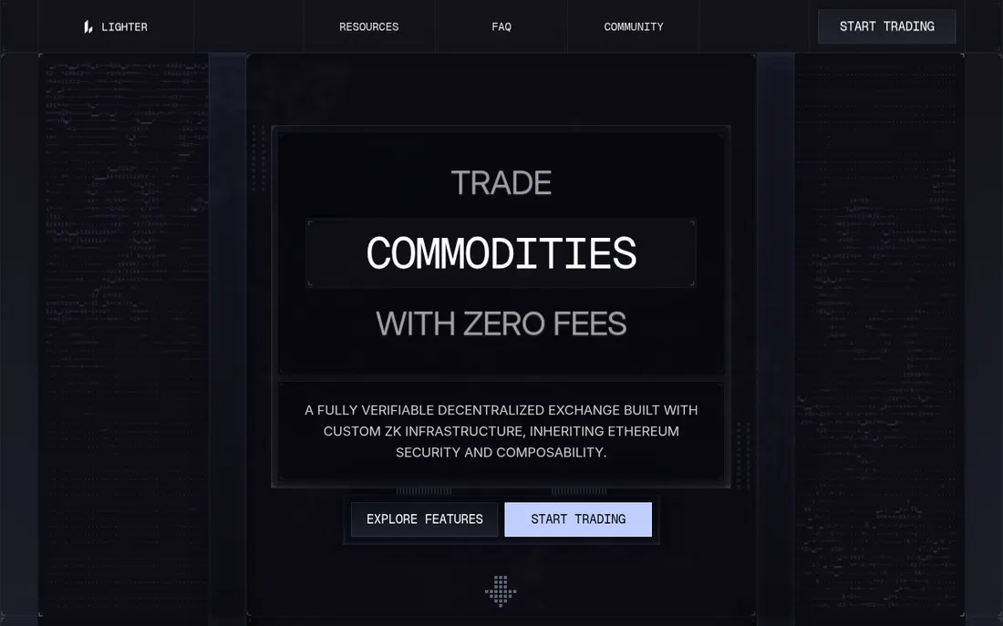 Trang chủ Lighter.xyz với dòng chữ Trade Commodities With Zero Fees và mô tả sàn phi tập trung dùng hạ tầng ZK